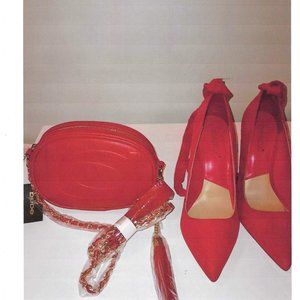 RED SUEDE CHILI PEPPER PUMPS AND BEBE RED CROSSBODY BAG   NWT